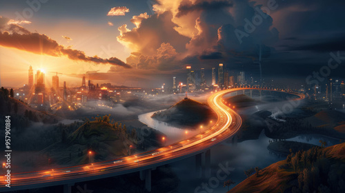 Cityscape at Sunset with Winding Road