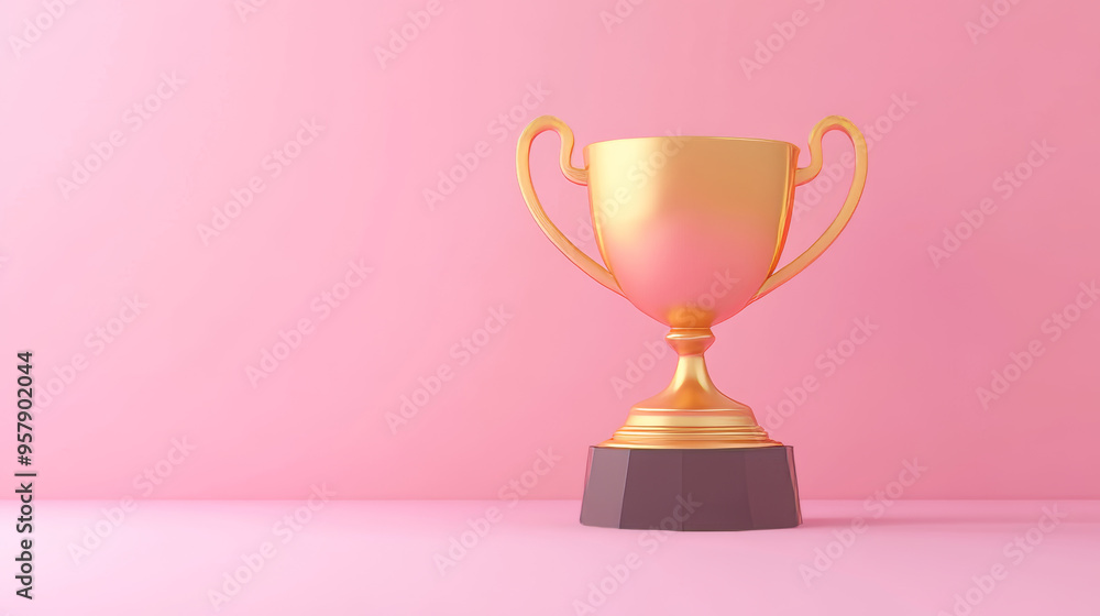 A 3D render featuring a flat icon of a golden trophy or champion cup, designed in a lofi anime cartoon style. The trophy is depicted with a sleek, minimalistic design, emphasizing its role as a symbol A 3D render featuring a flat icon of a golden trophy or champion cup, designed in a lofi anime cartoon style. The trophy is depicted with a sleek, minimalistic design, emphasizing its role as a symbol