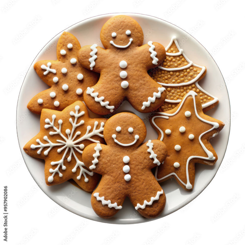 Gingerbread cookies on white plate isolated on transparent background Gingerbread cookies on white plate isolated on transparent background
