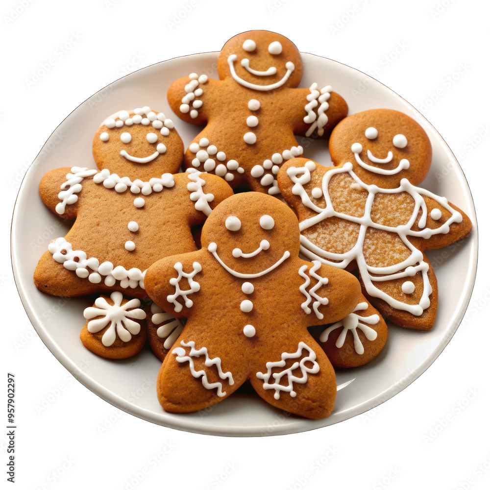 Gingerbread cookies on white plate isolated on transparent background Gingerbread cookies on white plate isolated on transparent background