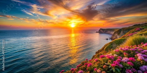 Vibrant sunset serenade from cliff overlooking sea with blooming flowers