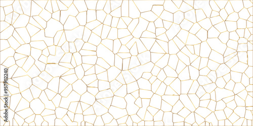 Golden gradient lines stroke abstract white crystalized broken glass background. Voronoi diagram background. abstract desktop texture design digital art wallpaper, vector illustration.	