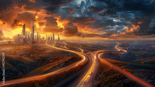 Cityscape at Sunset with Winding Road