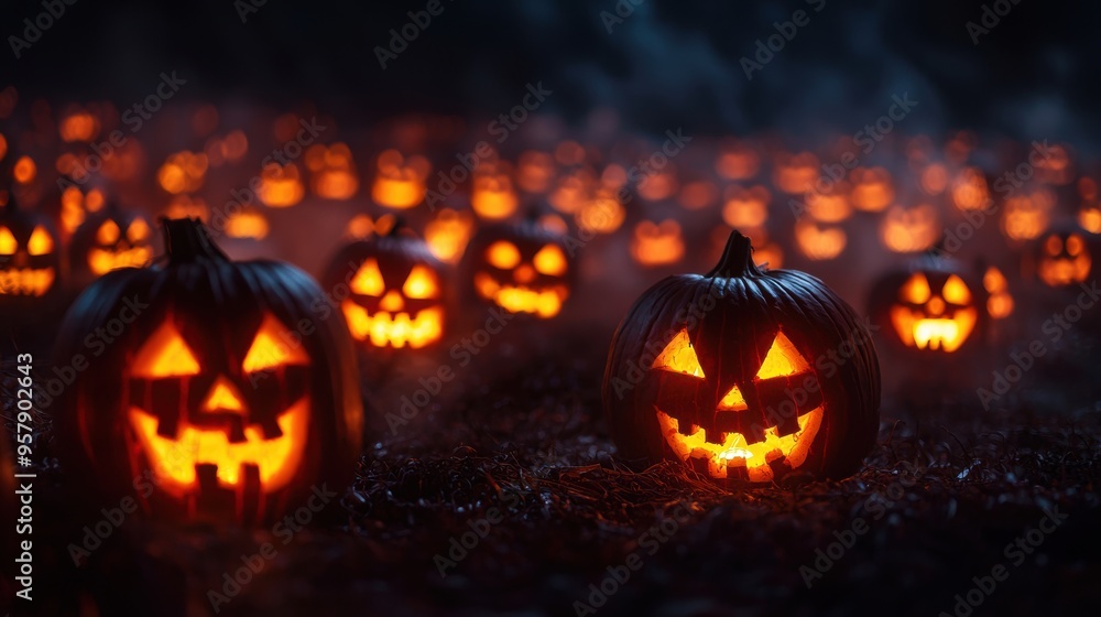 Spooky Halloween Scene: Jack-o'-Lanterns on Misty Hillside with Copy Space for Text in Ultra HD Spooky Halloween Scene: Jack-o'-Lanterns on Misty Hillside with Copy Space for Text in Ultra HD