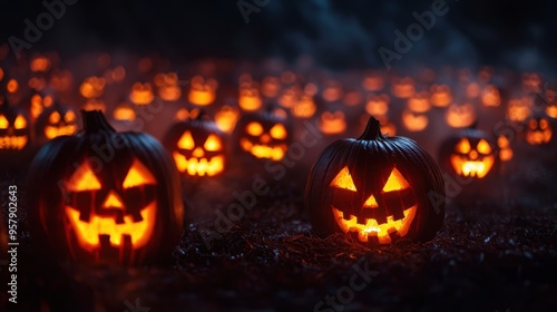 Spooky Halloween Scene: Jack-o'-Lanterns on Misty Hillside with Copy Space for Text in Ultra HD