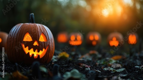 Spooky Halloween Scene with Carved Pumpkins in Graveyard, Copy Space Available for Text, Ultra HD Quality