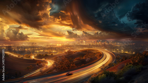 City Lights and Highway at Sunset