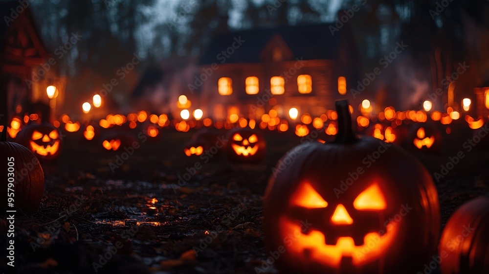 Spooky Halloween Scene in Deserted Village Square with Jack-o'-lanterns Illuminating Old Buildings, Copy Space for Text Spooky Halloween Scene in Deserted Village Square with Jack-o'-lanterns Illuminating Old Buildings, Copy Space for Text