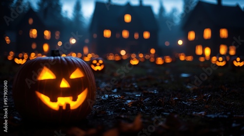 Wallpaper Mural Spooky Halloween Scene in Abandoned Village Square with Glowing Jack-O'-Lanterns, Haunting Shadows, and Copy Space for Text, Ultra HD Torontodigital.ca
