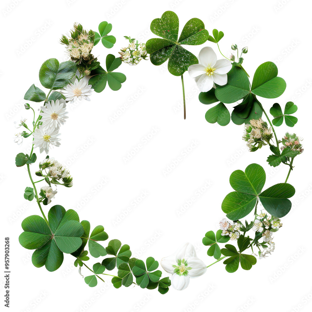 Green clover leaves and white flowers wreath transparent background Green clover leaves and white flowers wreath transparent background