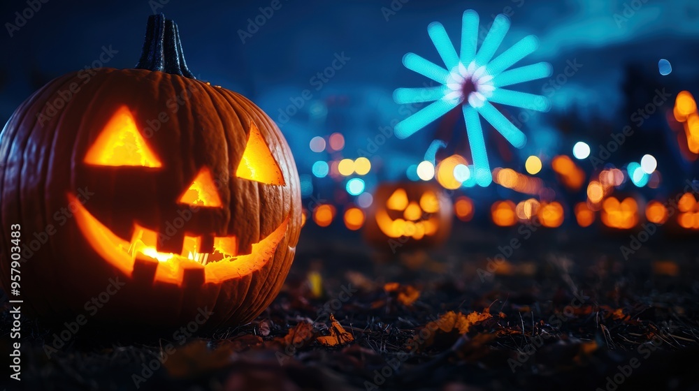 Spooky Ghostly Carnival with Jack-o'-lanterns Illuminating Rides and Guests in Eerie Glow, Copy Space, Selective Focus, Ultra HD Spooky Ghostly Carnival with Jack-o'-lanterns Illuminating Rides and Guests in Eerie Glow, Copy Space, Selective Focus, Ultra HD