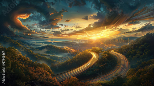 Cityscape Sunset with Winding Road
