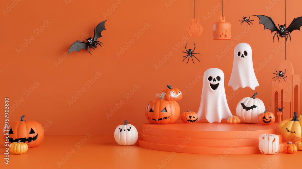 A festive 3D render celebrating Halloween with a playful and spooky design. The scene features a podium stand, ideal for showcasing products, set against a dark orange background to evoke a Halloween A festive 3D render celebrating Halloween with a playful and spooky design. The scene features a podium stand, ideal for showcasing products, set against a dark orange background to evoke a Halloween