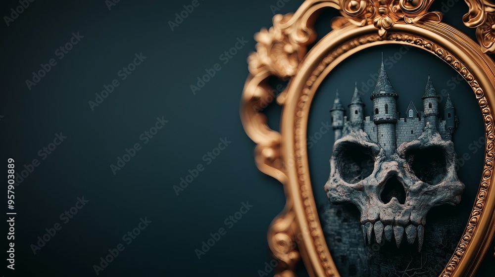 halloween spooky castle skull in golden frame with copy space for text and design. halloween spooky castle skull in golden frame with copy space for text and design.