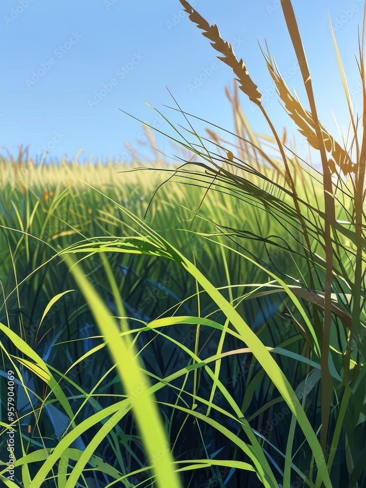 Fototapeta premium Green Grass and Blue Sky Anime Style