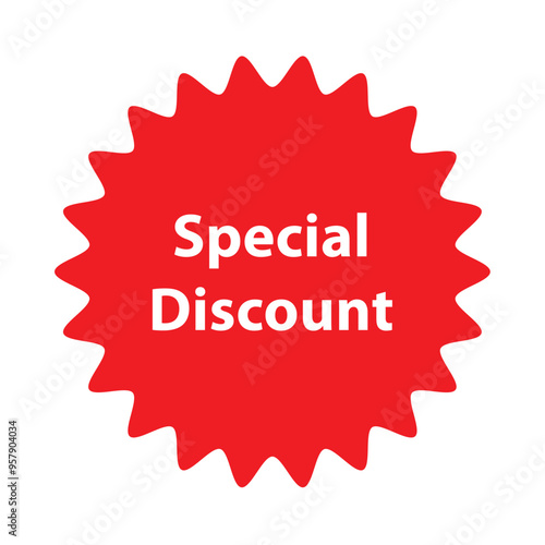 Special Discount Red shopping label, sale or discount sticker. Special discount price tag. Supermarket promotional badge. Vector sunburst icon