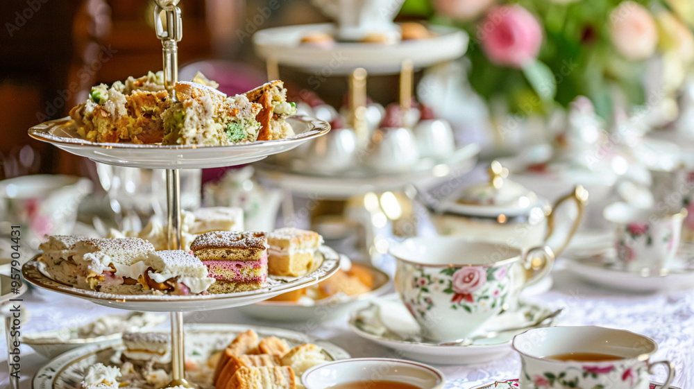 Elegant table setting for tea party with cakes and cupcakes in English manor. Vintage style. Elegant table setting for tea party with cakes and cupcakes in English manor. Vintage style.