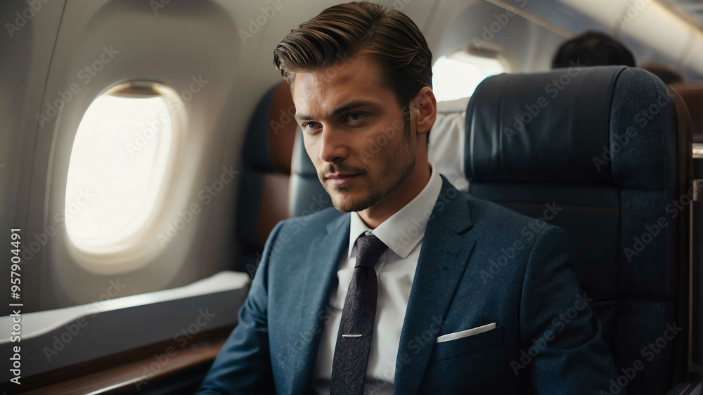 guy formal wear in Business class airplane cabin background guy formal wear in Business class airplane cabin background