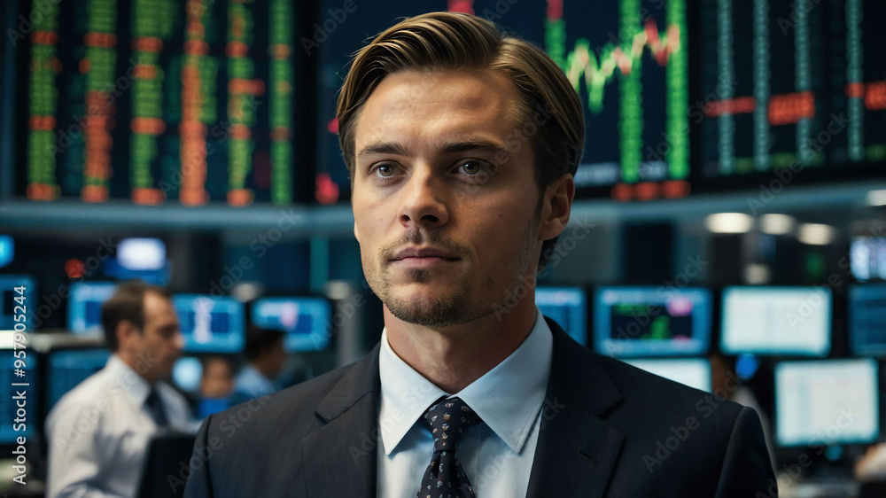 guy formal wear in Financial trading floor background guy formal wear in Financial trading floor background