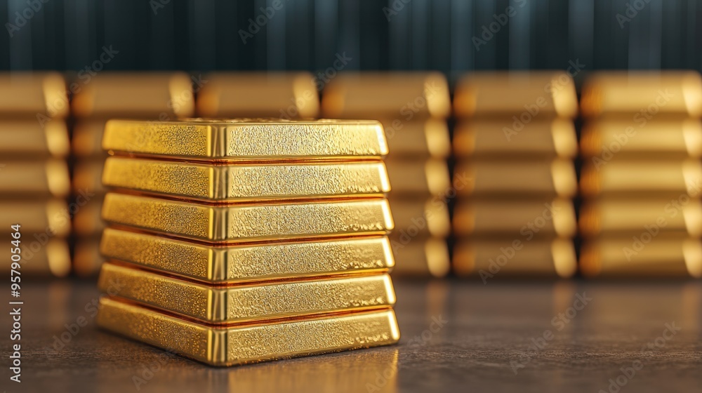 Shining Gold Bullion Stacks in Secure Vault - with Copy Space, Selective Focus on Foreground, Shining Gold Bullion Stacks in Secure Vault - with Copy Space, Selective Focus on Foreground,