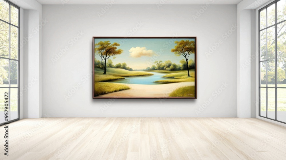 Fototapeta premium Tranquil Beauty: Captivating Antique Oil Painting of a Serene River Meandering through a Luxuriant Valley Landscape