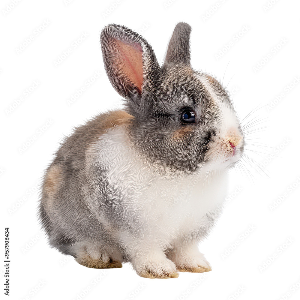Obraz premium Adorable grey and white baby rabbit with pink nose sitting isolated transparent background