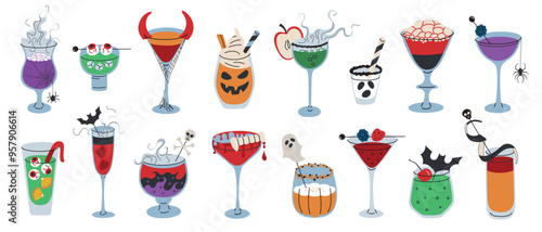 Halloween drinks collection, spooky party cocktails doodles, vector illustration set of glasses with creepy garnishes, sangria with eyeballs, witch heart, punch with dry ice, gothic celebration