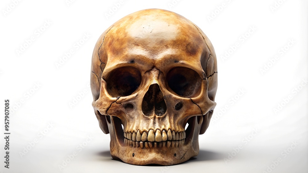 Human skull isolated, Front view of natural human skull on isolated black background Human skull isolated, Front view of natural human skull on isolated black background