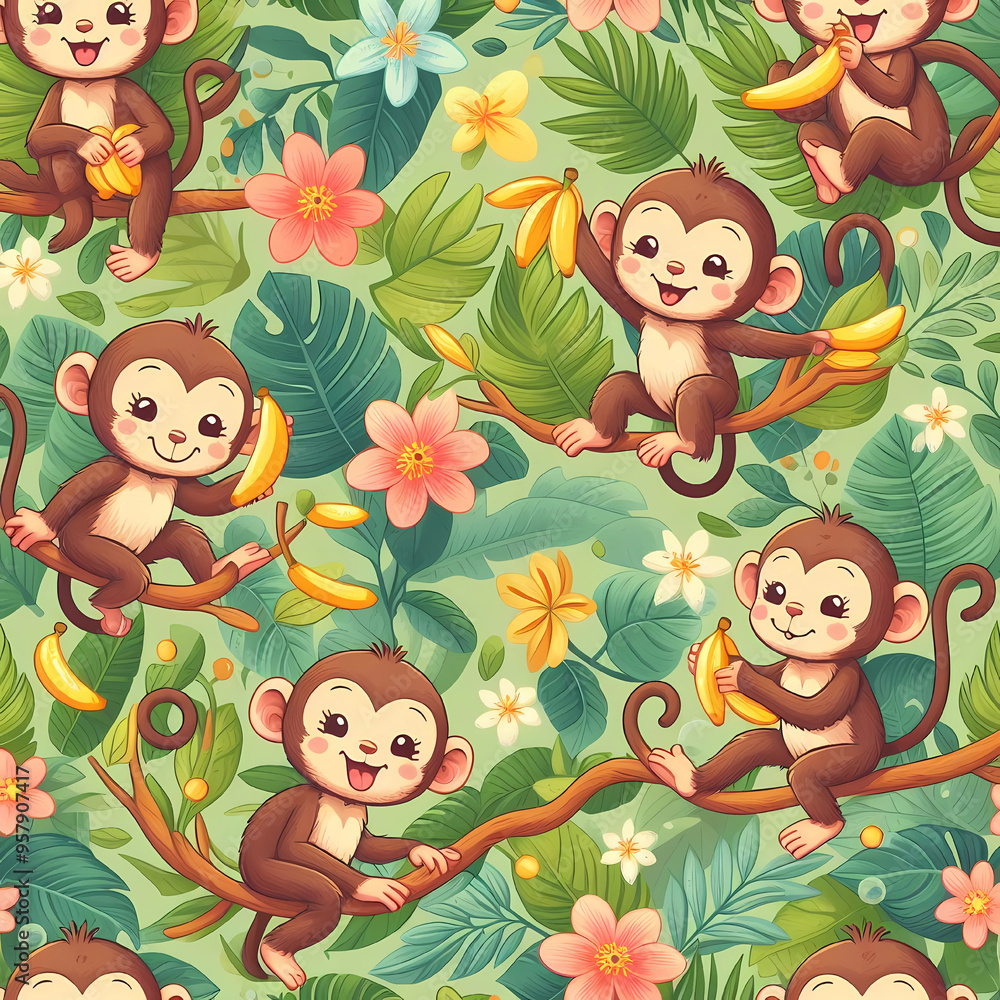 Naklejka premium Playful Monkeys in a Lush Jungle: Seamless Pattern Design for Prints Featuring Adorable Monkeys, Tropical Leaves, and Vibrant Flowers, Perfect for Fabrics, Stationery, and Home Decor