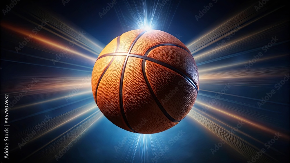 A dramatic shot of a basketball in mid-air, glowing under a bright light A dramatic shot of a basketball in mid-air, glowing under a bright light