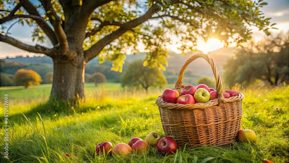 A scenic view of a basket full of apples on a grassy field with an apple bag and a lone tree nearby A scenic view of a basket full of apples on a grassy field with an apple bag and a lone tree nearby
