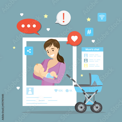 Active Parenting Communities, concept banner. Happy mother interacts and chatting online while tending to her baby, highlighting the blend of digital engagement and parenting.