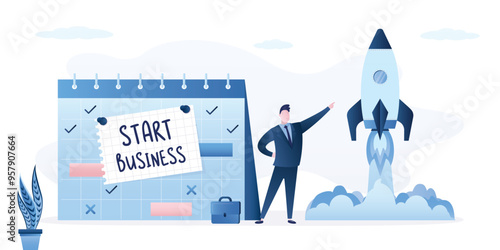  entrepreneur start company. Schedule with start date of new store, business. businessman launch rocket with calendar start date
