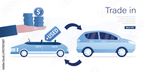 Car trade in, used auto exchange on new modern car with cash additional payment. Vehicle change replacement. Carsharing service, modern design concept.