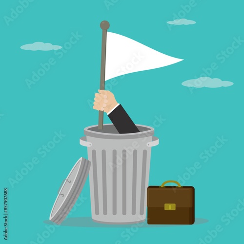 Businessman hand holding white flag from inside trash can. Give up, concept. Employee or manager need support overcome obstacles, problems. business failure,