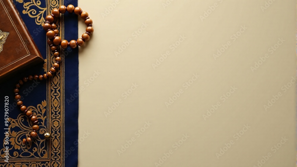Fototapeta premium Islamic Muslim background with copy space featuring tasbih and Quran and prayer carpet, for any Islamic designs.