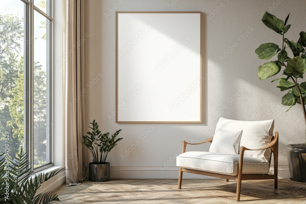 Poster Frame in Beige minimalist living room interior created with generative AI Poster Frame in Beige minimalist living room interior created with generative AI