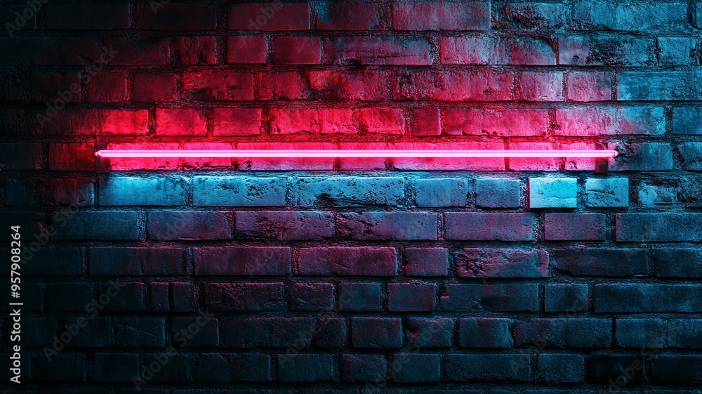 Vibrant Red and Blue Neon Lights on Unplastered Brick Wall Background at Night for Urban Interior Design and Modern Decor Vibrant Red and Blue Neon Lights on Unplastered Brick Wall Background at Night for Urban Interior Design and Modern Decor