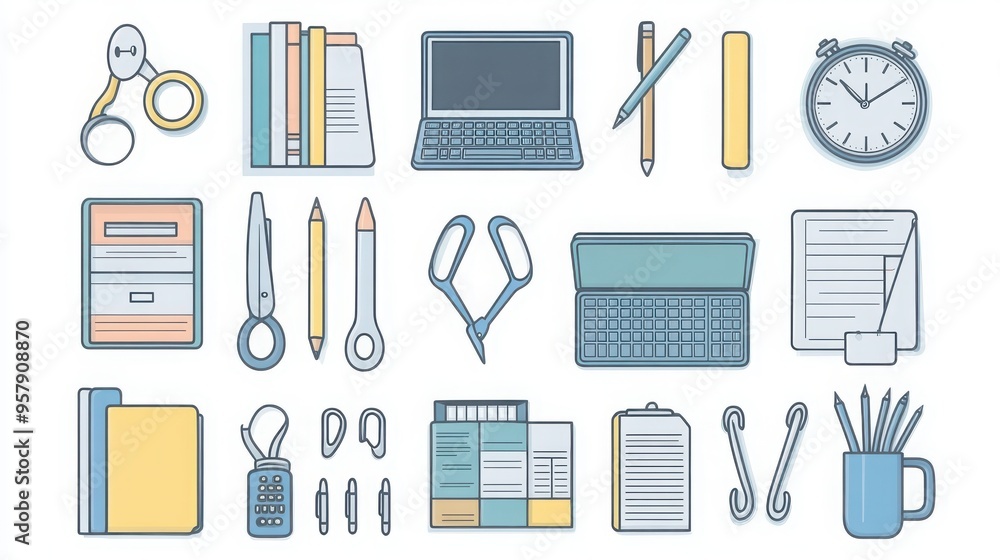 Office Supplies thin line icon set. Containing pen, pencil, notebook, paperclip, stapler, scissors, calculator, ruler, desk lamp, folder, printer. Office Supplies thin line icon set. Containing pen, pencil, notebook, paperclip, stapler, scissors, calculator, ruler, desk lamp, folder, printer.