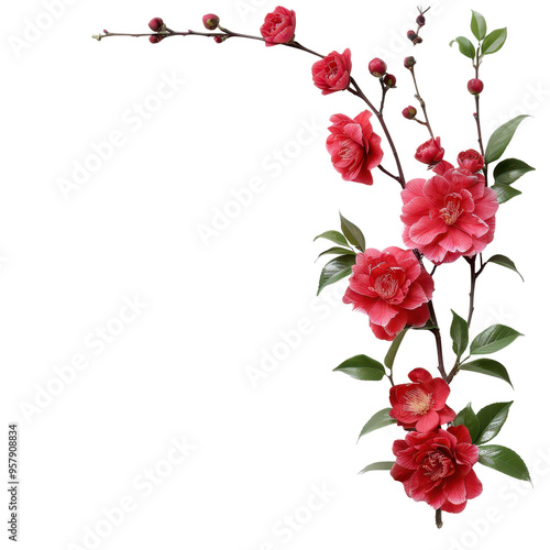 Red camellia flowers branch isolated transparent background
