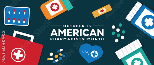 American Pharmacists Month. Medicines, hearbeat and more. Great for cards, banners, posters, social media and more. Dark background.