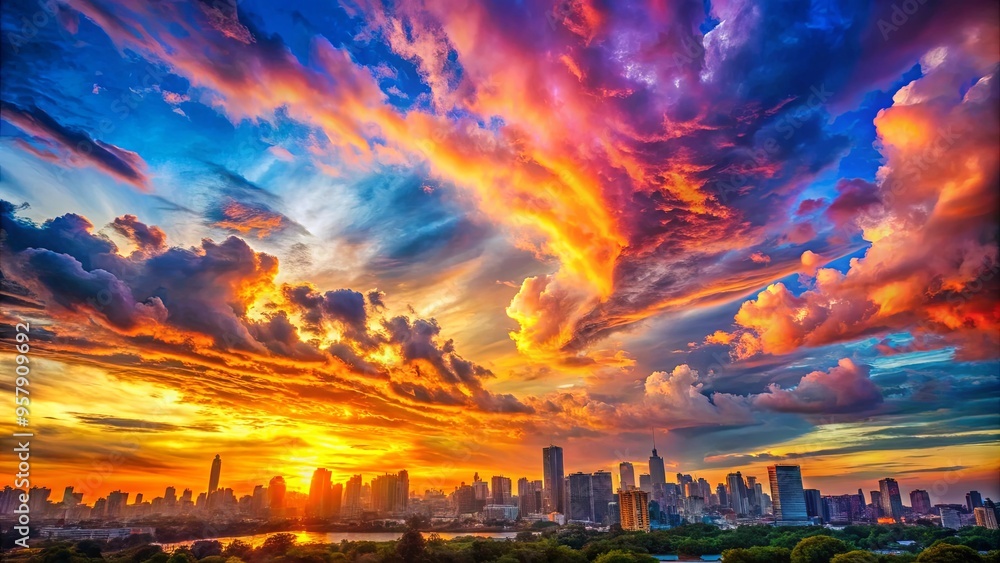 Fototapeta premium Vibrant sunset painting the sky over a city skyline with colorful clouds