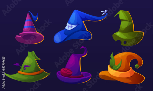 Magic fairy witch cap with pointy end and decorative elements. Cartoon vector illustration set of wizard hat for Halloween design. Fantasy spooky sorcerer magic costume item. Magician garment.