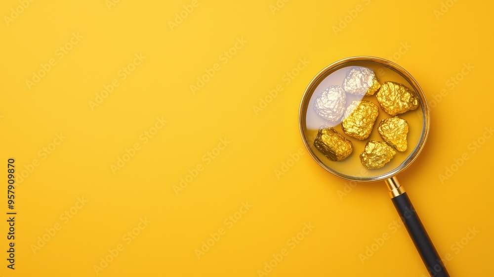 Wealth Inspection: Gold Nuggets Magnified with Magnifying Glass - with Copy Space and Selective Focus Wealth Inspection: Gold Nuggets Magnified with Magnifying Glass - with Copy Space and Selective Focus