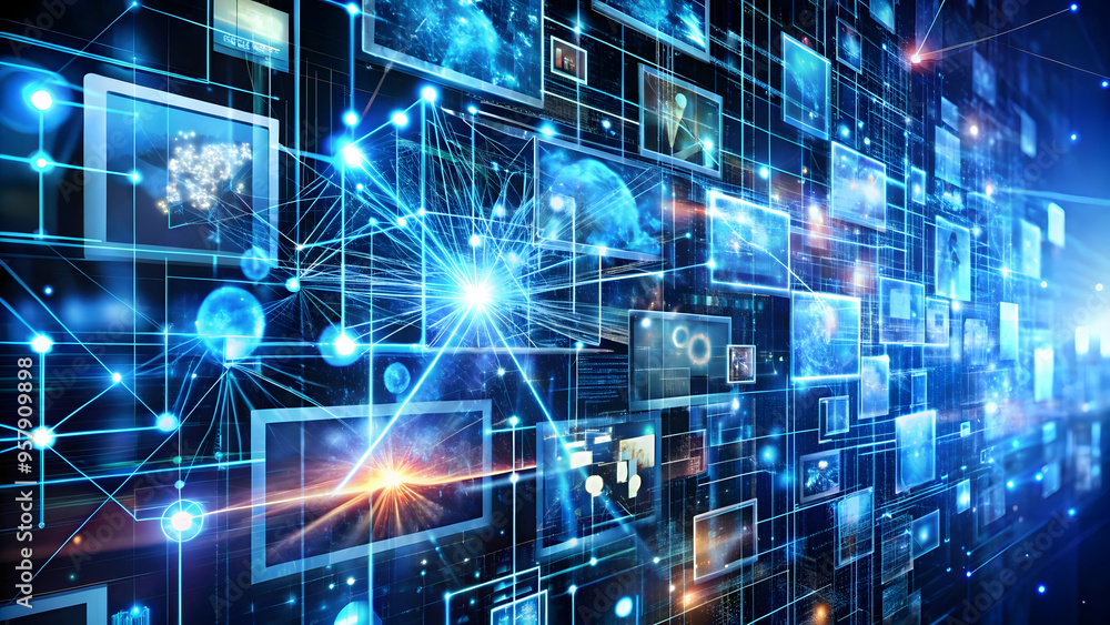 Fototapeta premium Intricate web of screens showcasing various data, symbolizing the interconnectedness of the digital world. Dynamic network of screens connected by lines of light, representing