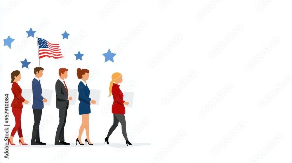Black and white vector illustration of a business team with a flag, standing together in silhouette Black and white vector illustration of a business team with a flag, standing together in silhouette