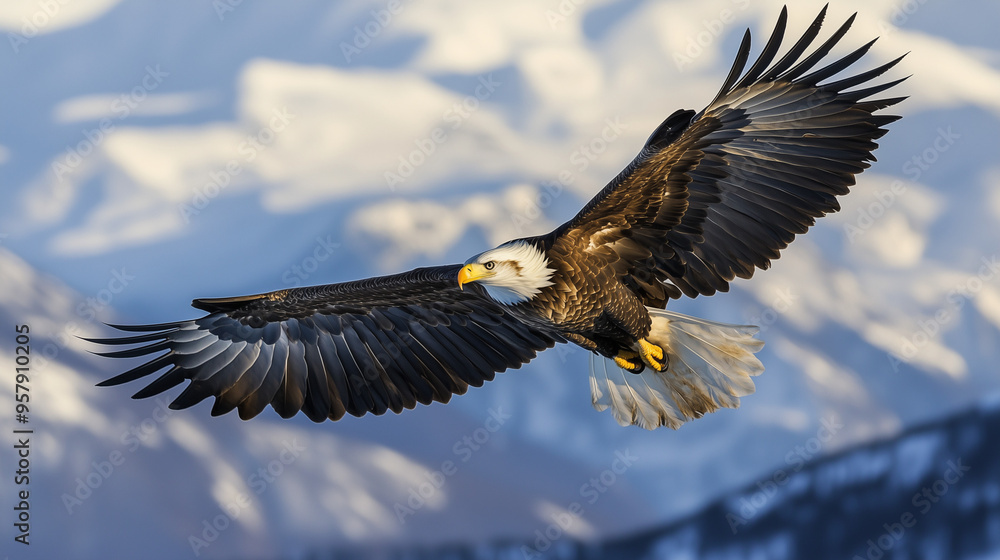Obraz premium A majestic eagle soaring high above snow-capped mountains, with its wings spread wide