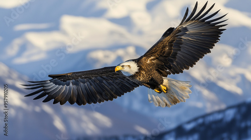 A majestic eagle soaring high above snow-capped mountains, with its wings spread wide