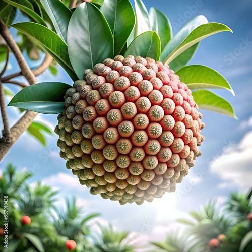 A captivating 3D illustration of a Rollinia fruit. showcasing its unique. textured surface against a vibrant blue sky. photo