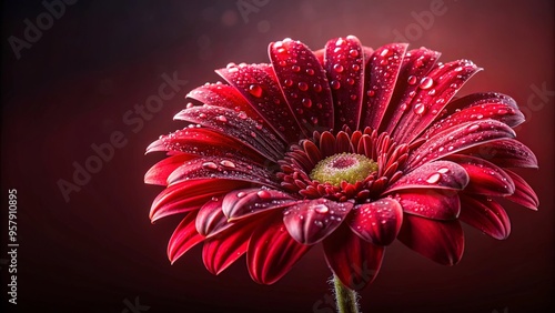 Vibrant red flower with dewdrops on petals set against a dark red background